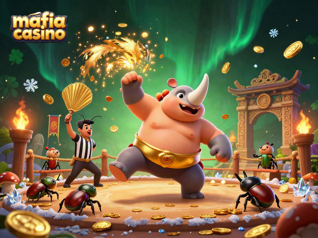 Experience vibrant action at Mafia Casino with a sumo beetle champion surrounded by coins and excitement.