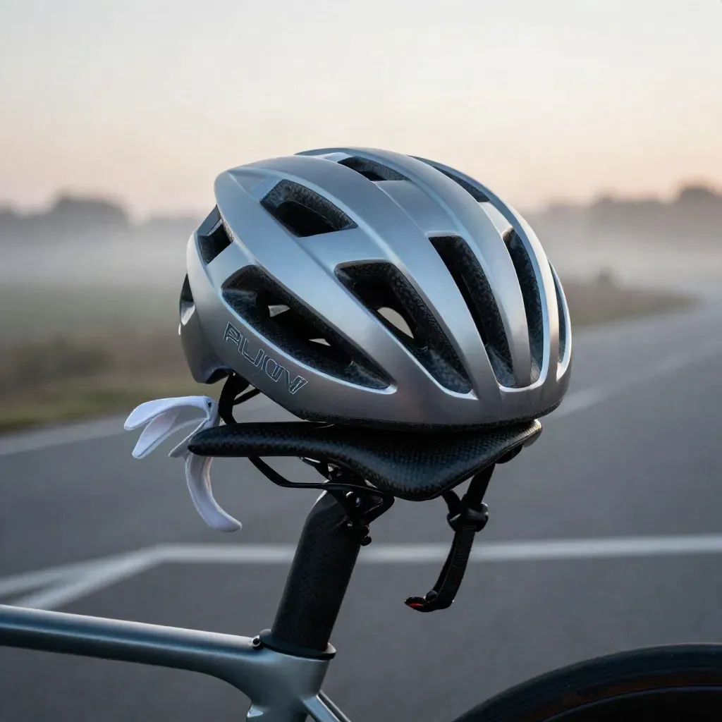 Casco road ultraleggero su sella in carbonio con imbottiture e portaborraccia all'alba.