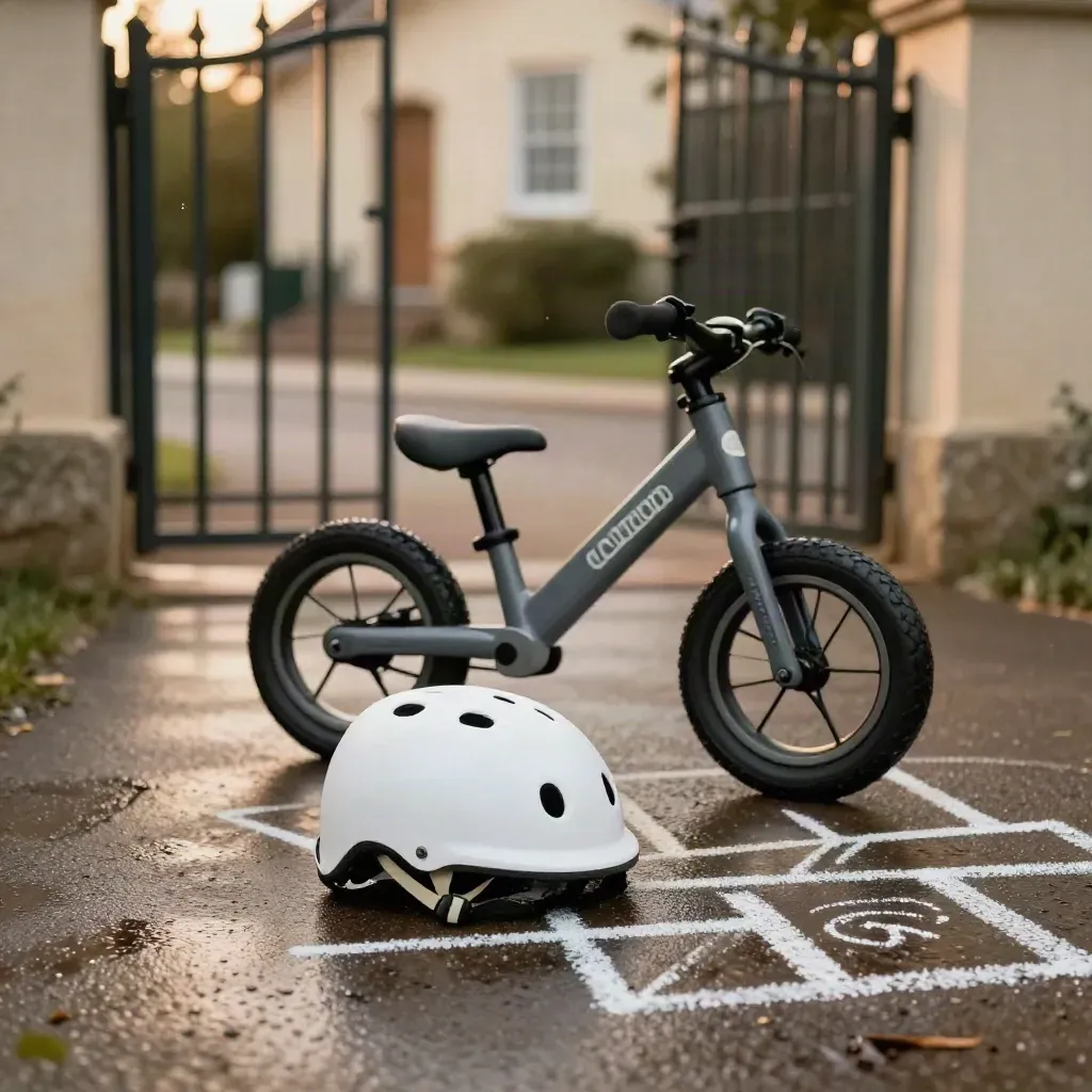 Casco bici bianco per bambini accanto a una balance bike e a un hopscotch bagnato.