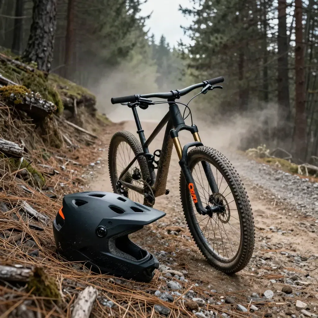Casco MTB nero vicino a bici infangata sul bordo del sentiero nel bosco