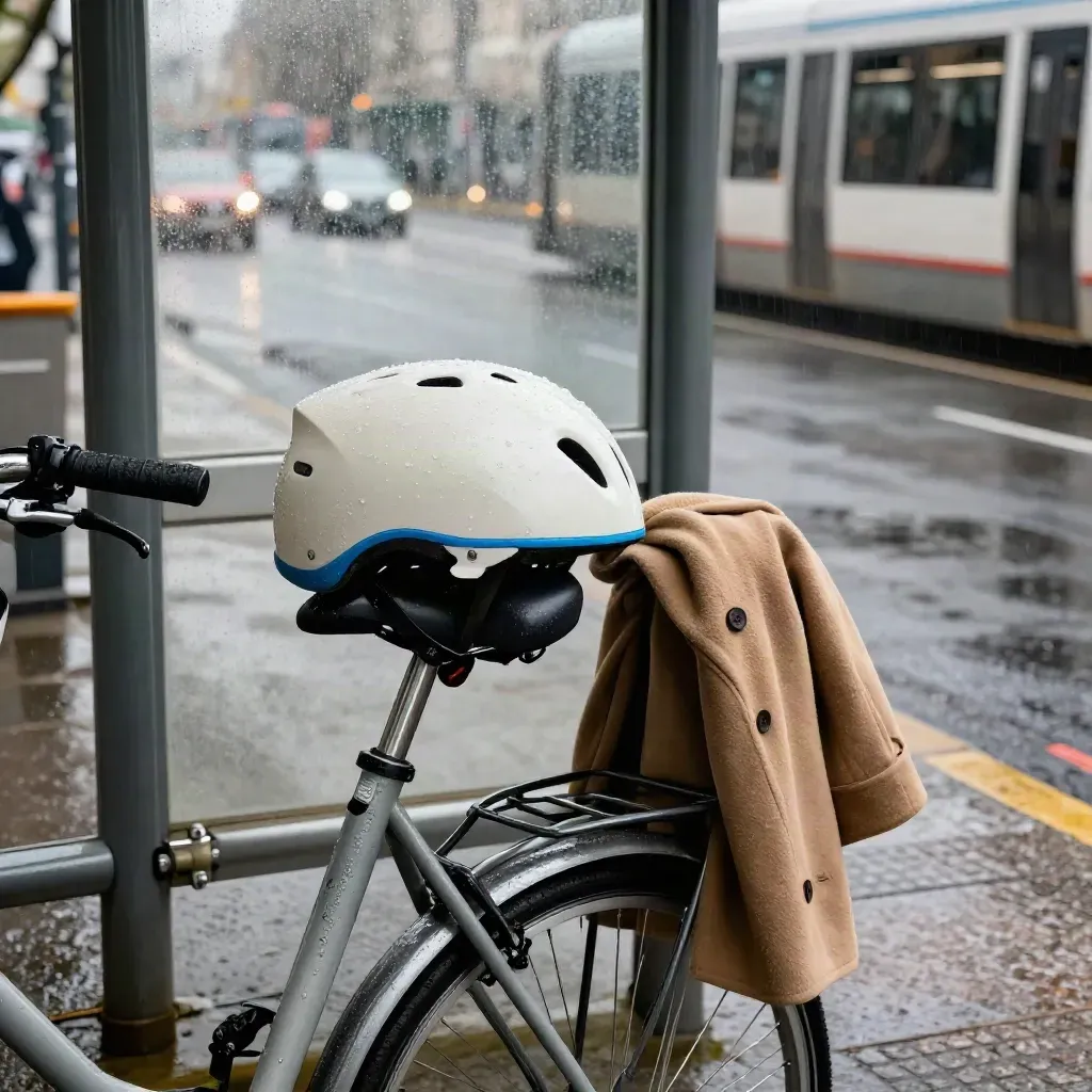 Casco da città su bici chiusa vicino a una pensilina del tram, con cappotto piegato e pioggia leggera.