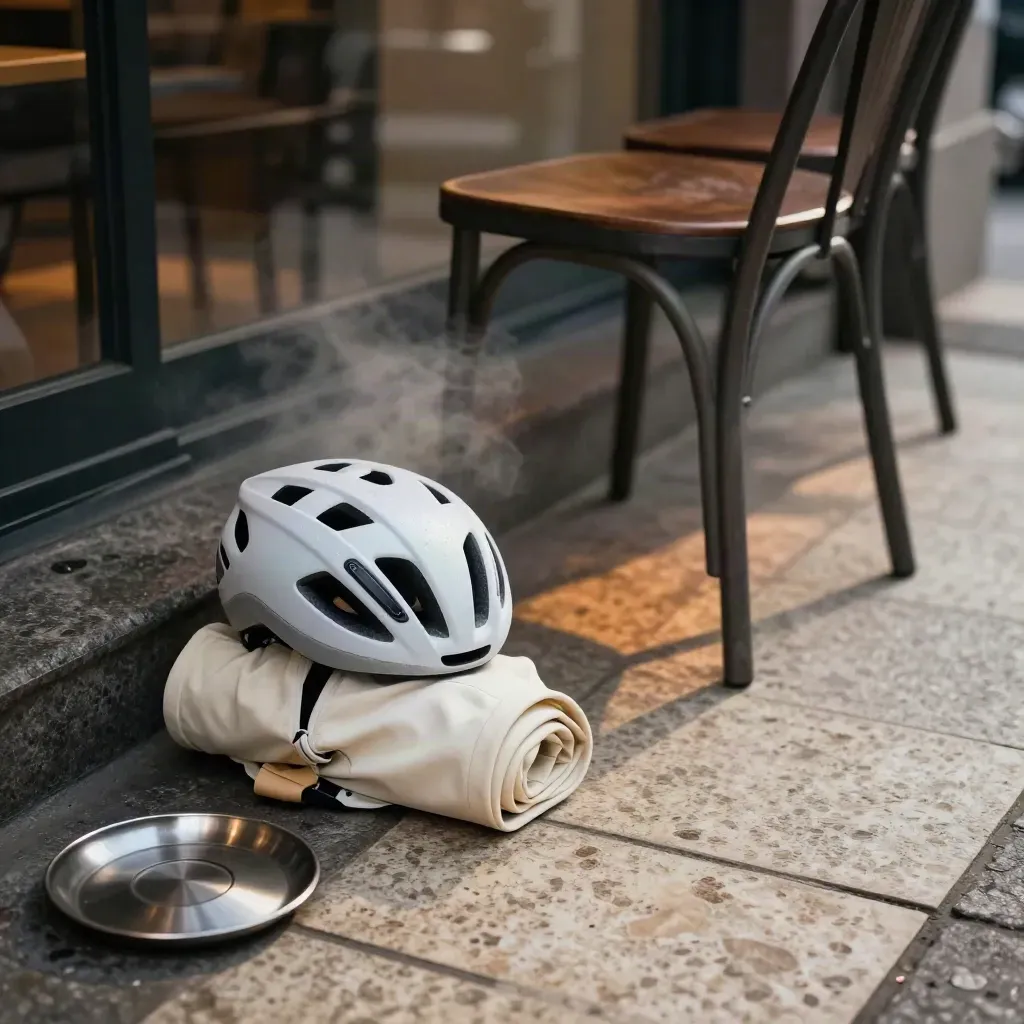 Casco da strada bianco accanto a jersey arrotolata e sedia vuota su terrazza di bar
