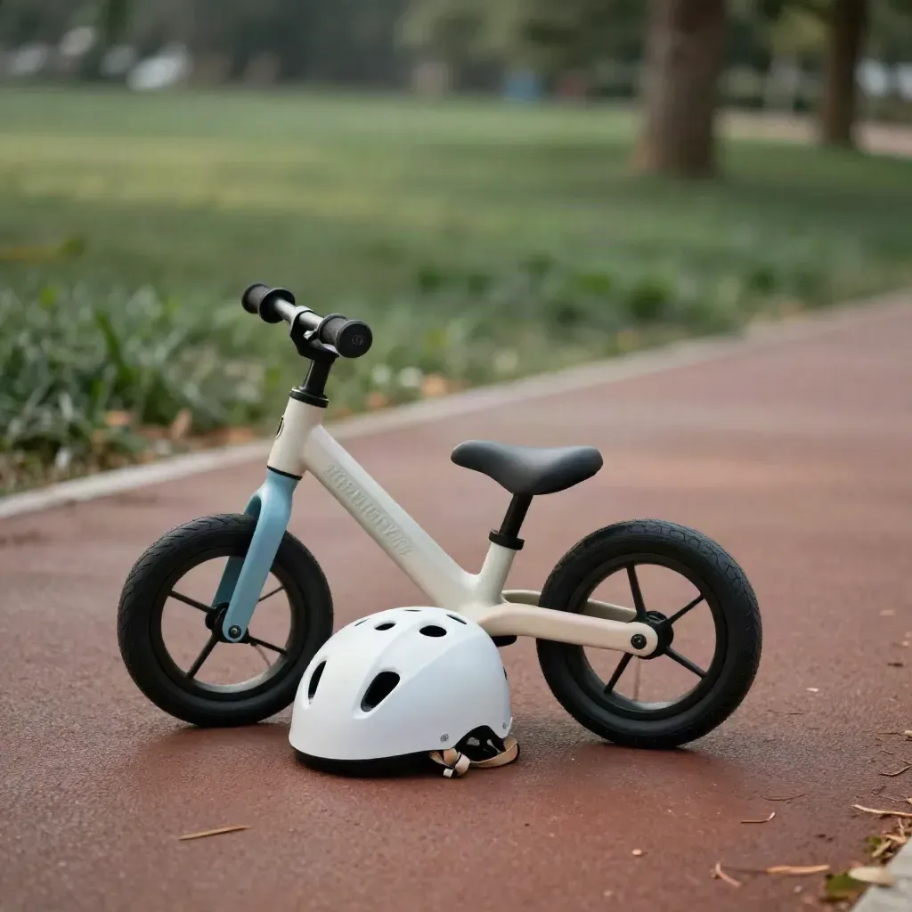 Casco bimbi bianco accanto a bici e monopattino giocattolo su un sentiero tranquillo al tramonto.