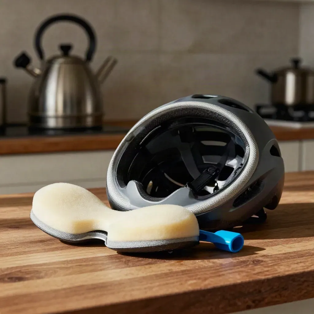 Pad di ricambio per casco bici su piano cucina, con casco aperto e luce naturale calda.