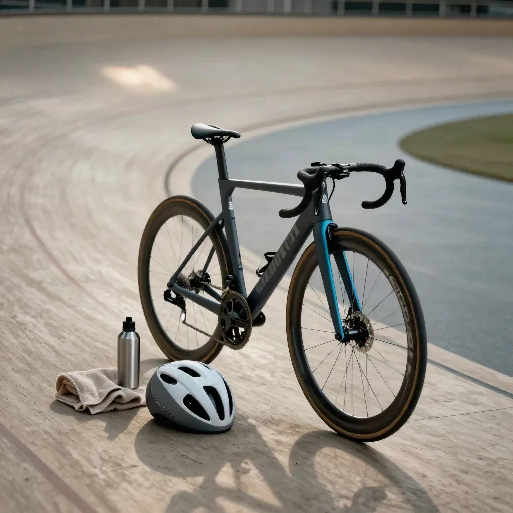 Casco aero da strada con bici, asciugamano e borraccia sul bordo del velodromo.