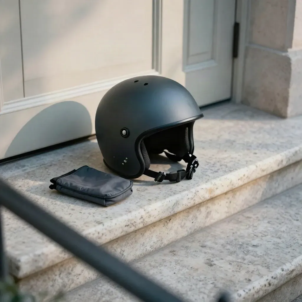 Casco da strada con imbottiture extra e pouch su gradino in travertino, luce mattutina