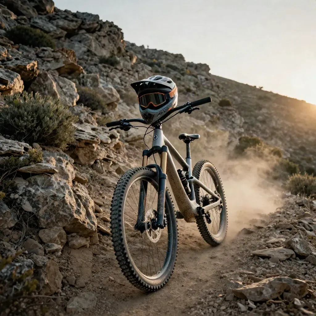 Casco MTB con visiera lunga e bici da trail polverosa su un crinale ventoso