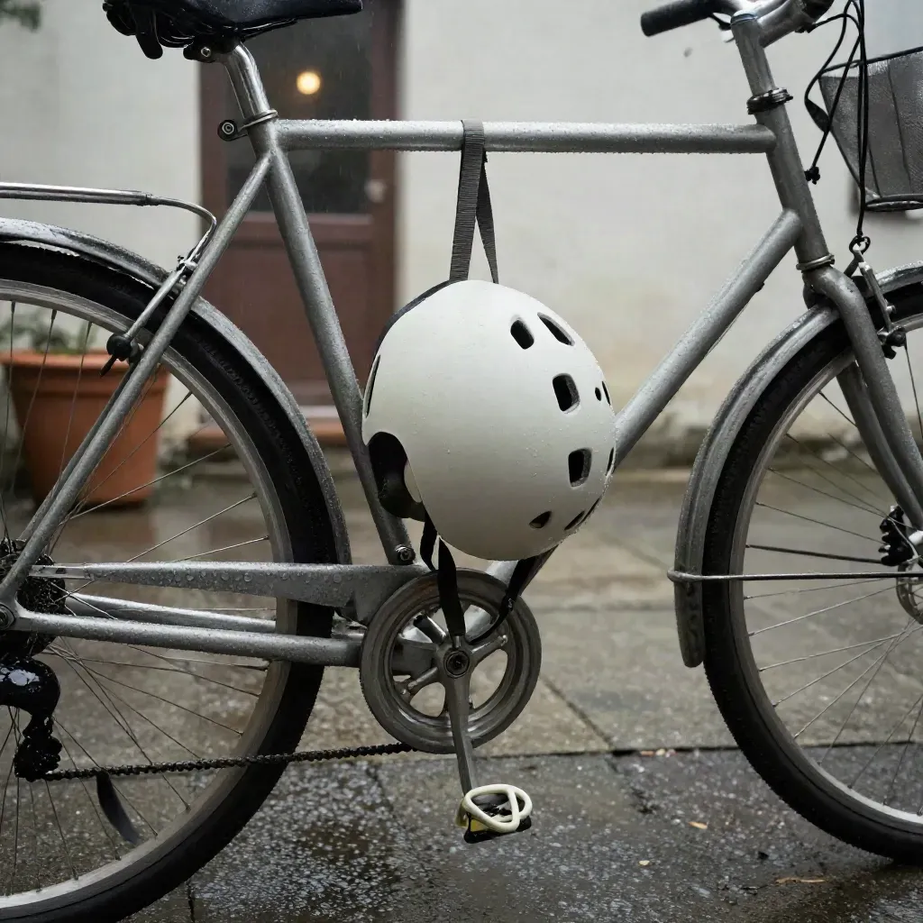 Casco bici cittadino bianco appeso a una bici in un cortile bagnato dalla pioggia.