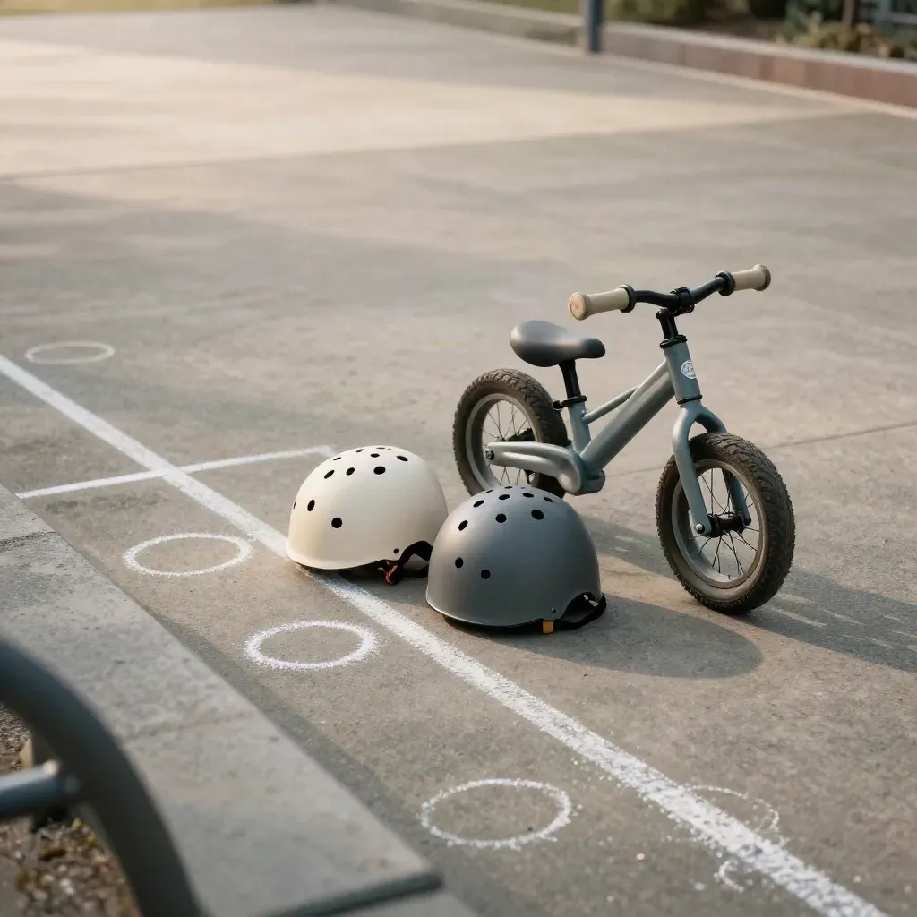 Due caschi bimbi vicino a una bici piccola e un disegno a gessetto su cemento.