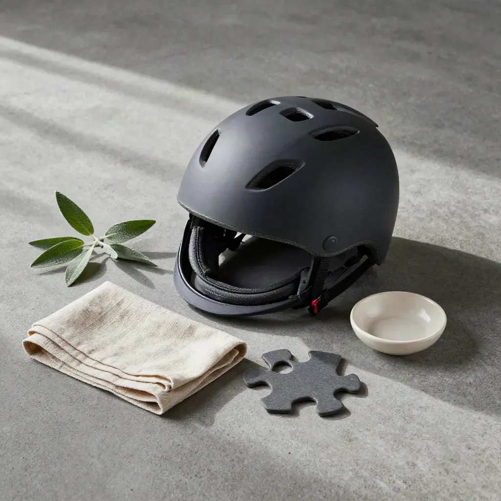 Casco bici visto dall’alto con imbottiture, lino, ciotola in ceramica e rametto in vaso su cemento.