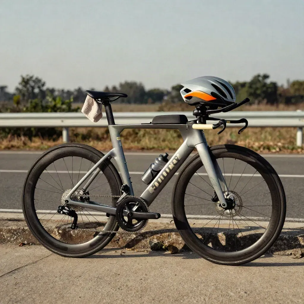 Casco aero su bici da cronometro in sosta, asciugamano e borraccia, luce morbida e vento leggero.