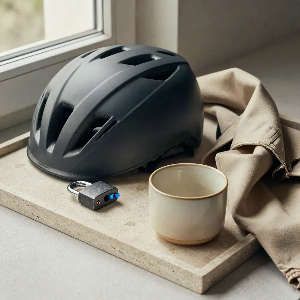 Casco urbano, lucchetto, sciarpa e tazza su vassoio di pietra chiara, luce mattutina.