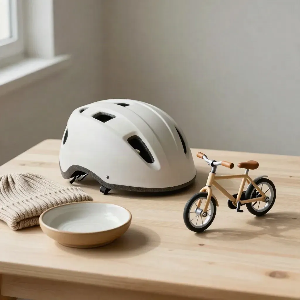 Casco bimbi, berretto, piattino e mini bici su una scrivania chiara