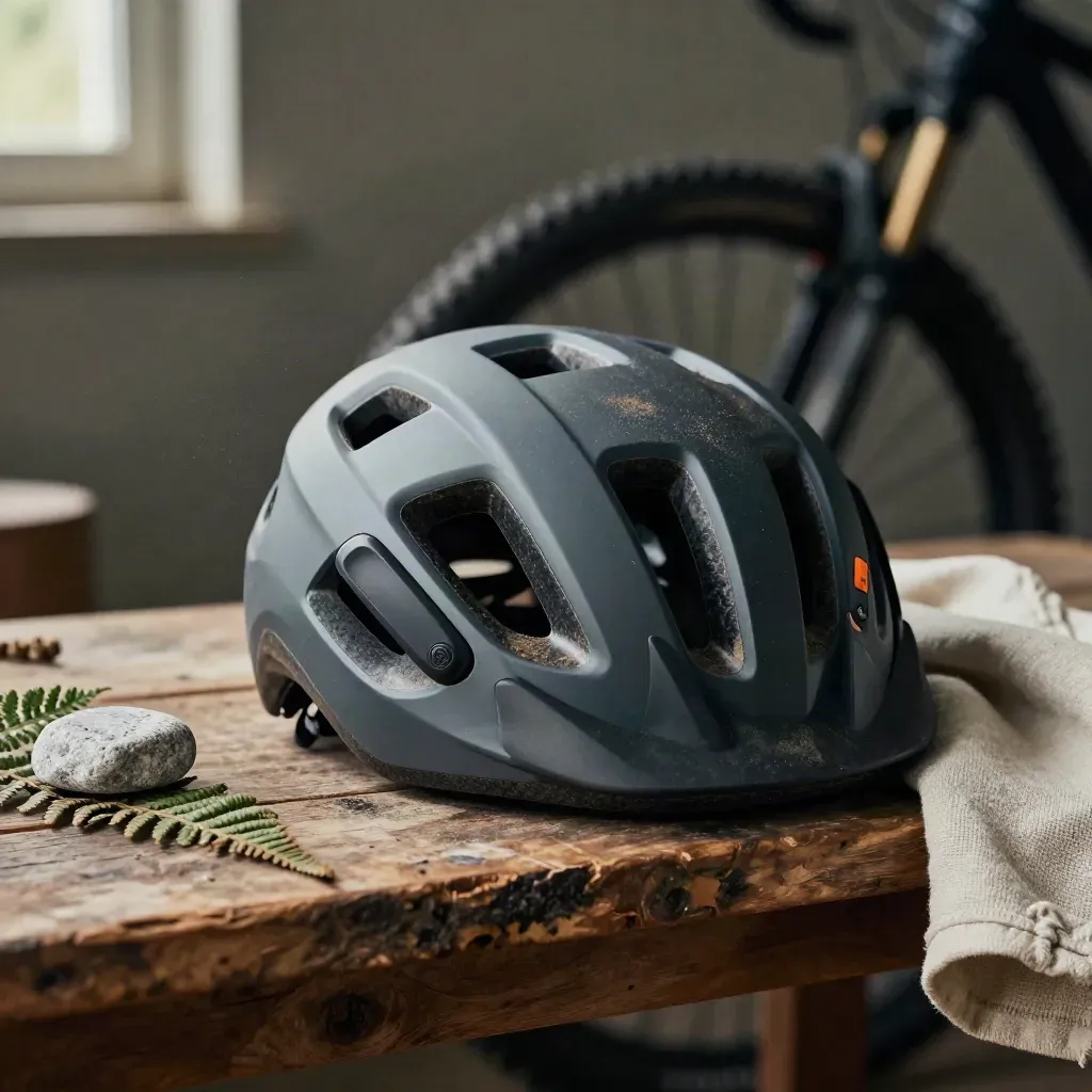 Casco MTB con visiera su mensola ruvida, con felce secca, pietra e telo in canvas.