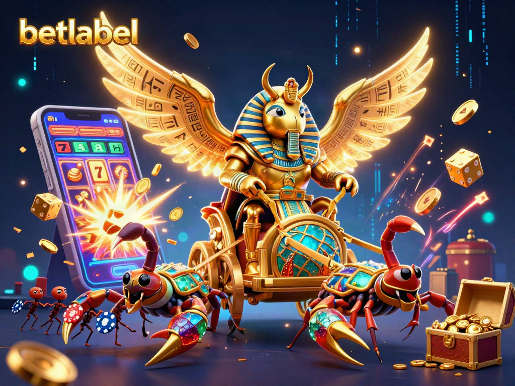 Experience thrilling wins with betlabel in this vibrant casino-themed illustration featuring a golden scarab beetle.